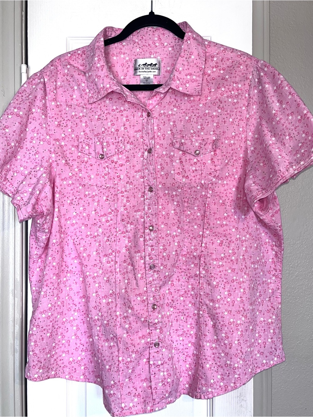 Back in the Saddle pearl snap button women’s western short sleeve pink size 1X